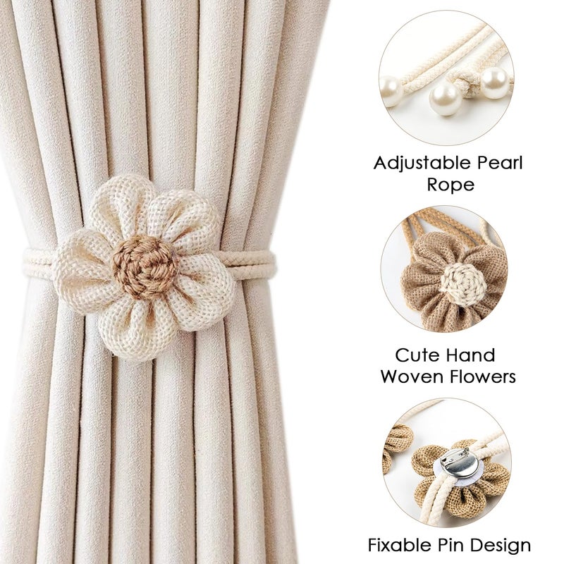 SRG 4pcs Handmade Pearl Curtain Tiebacks Boho Flower Curtain Holdbacks with Buckle Pins Simple Elegant Sunflower Rope Curtain Boho Bedroom Decor(Large Cream&Khaki) - Image 3